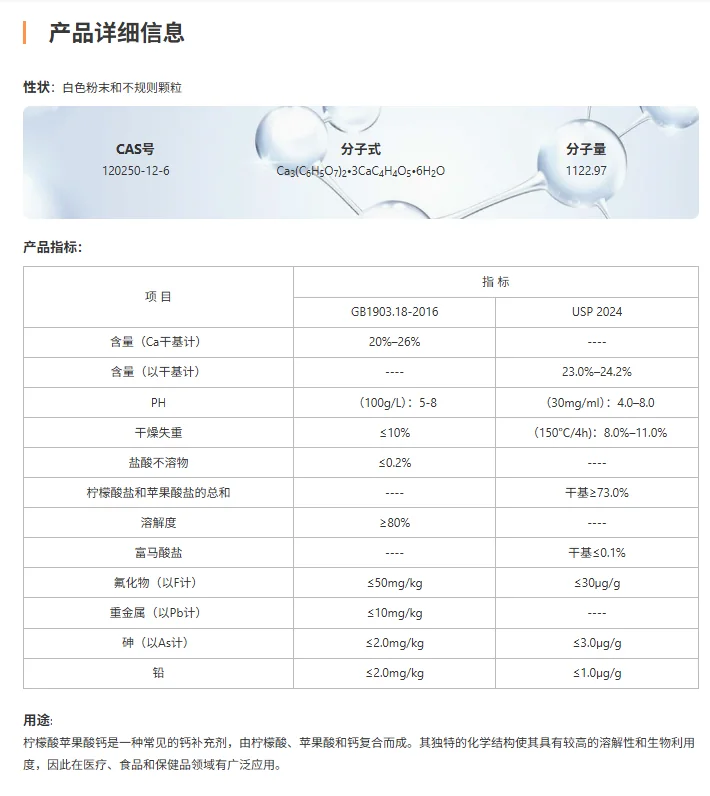 Calcium Citrate Malate specification sheet (GB / USP) - Guangda
